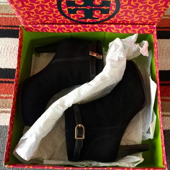 Tory Burch Black Suede Patricia Mid Heel Bootie - Picture 7 of 8